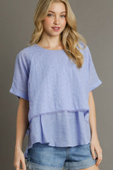 Umgee Full Size Eyelet Layered Short Sleeve Blouse Plus Size Light Blue OutfitFlow